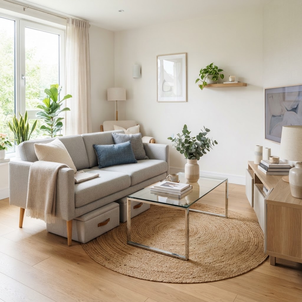 Slim furniture and transparent tables make small rooms feel larger.