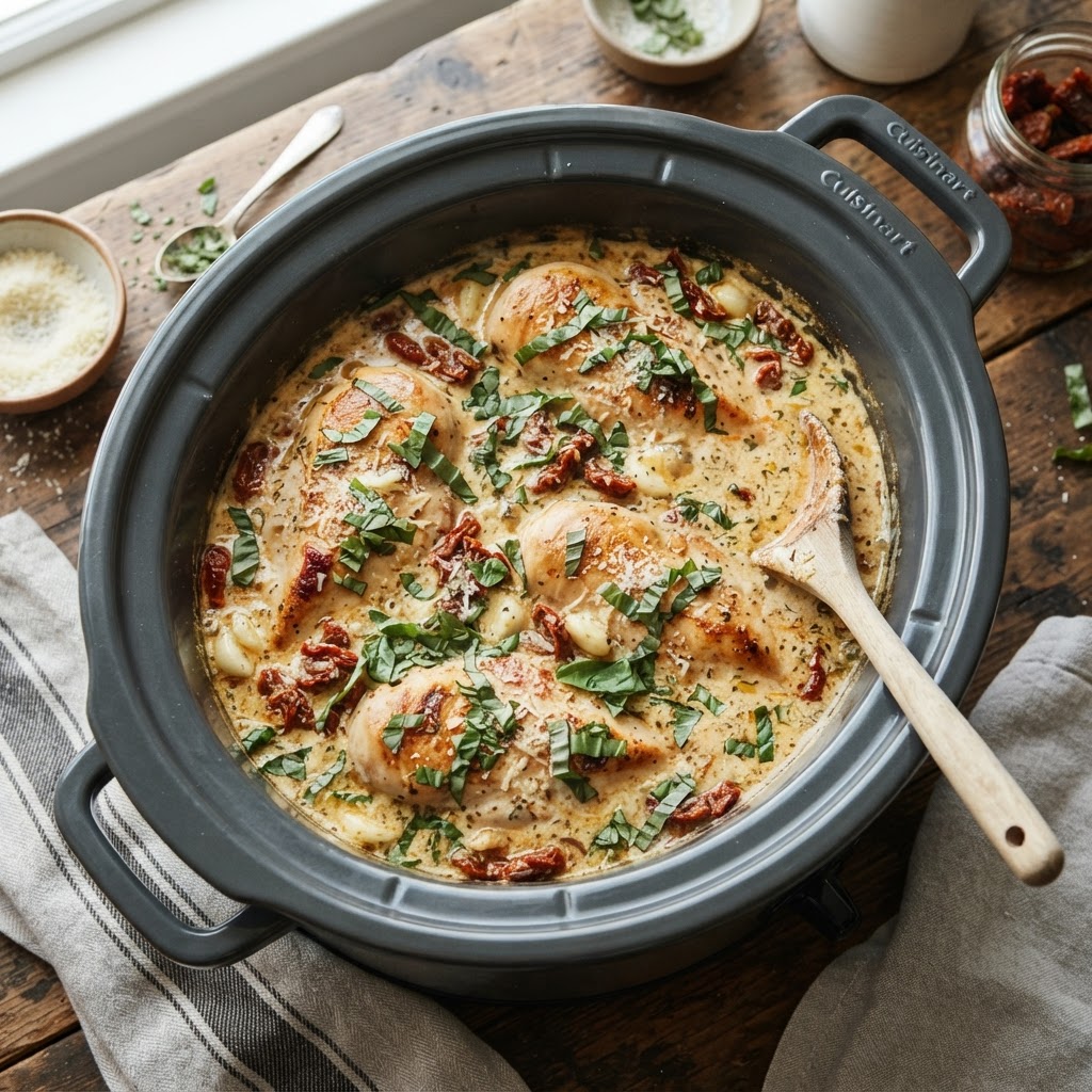 The finished Marry Me Chicken slow cooker dish served directly from the pot.