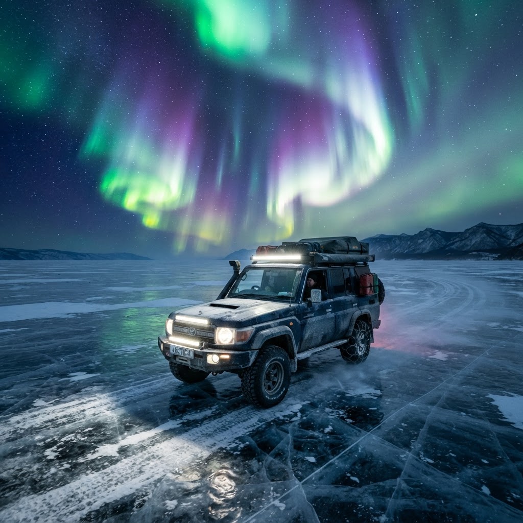 Driving across frozen lakes requires caution and respect for the shifting ice.