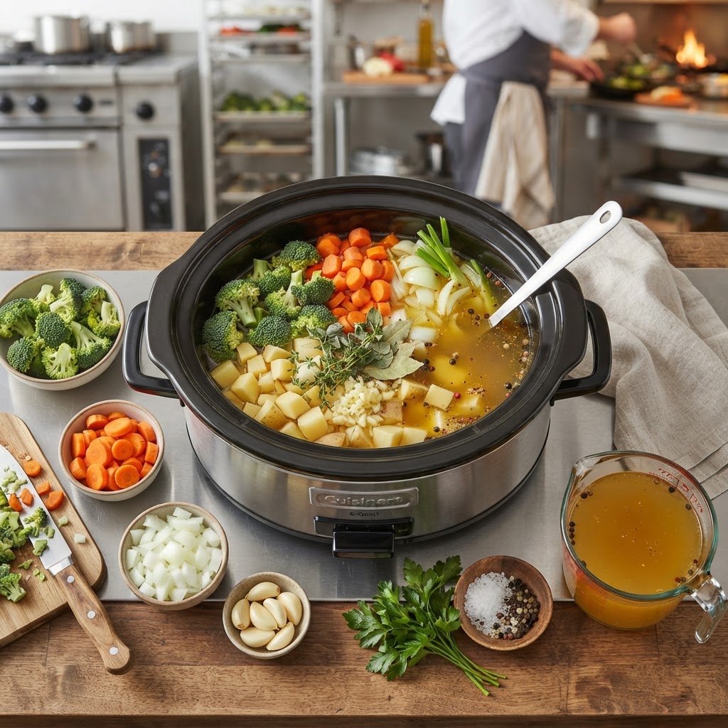Fresh ingredients prepared for an easy, healthy slow cooker soup.
