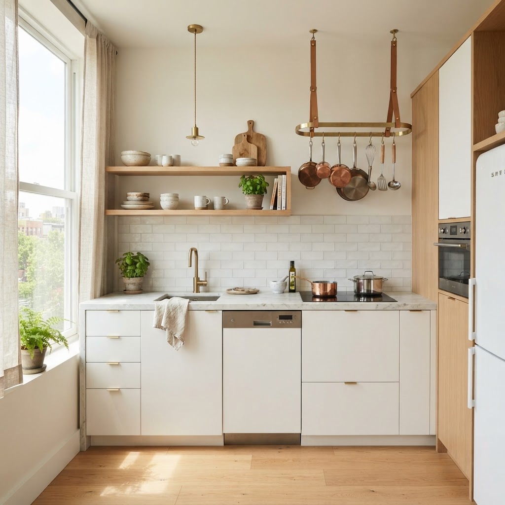Open shelving and light colors create a sense of openness.