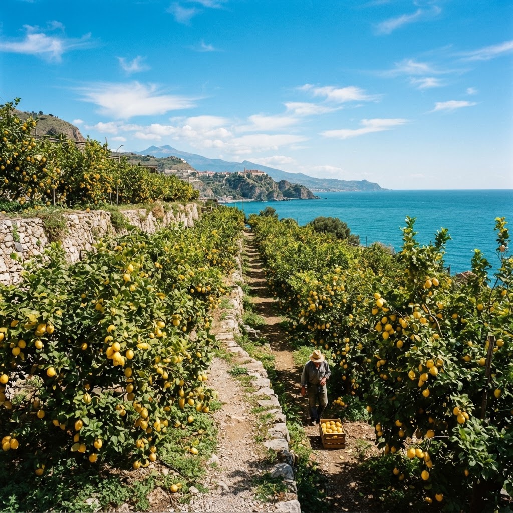 The endless rows of sun-drenched lemon trees in a traditional Sicilian grove.