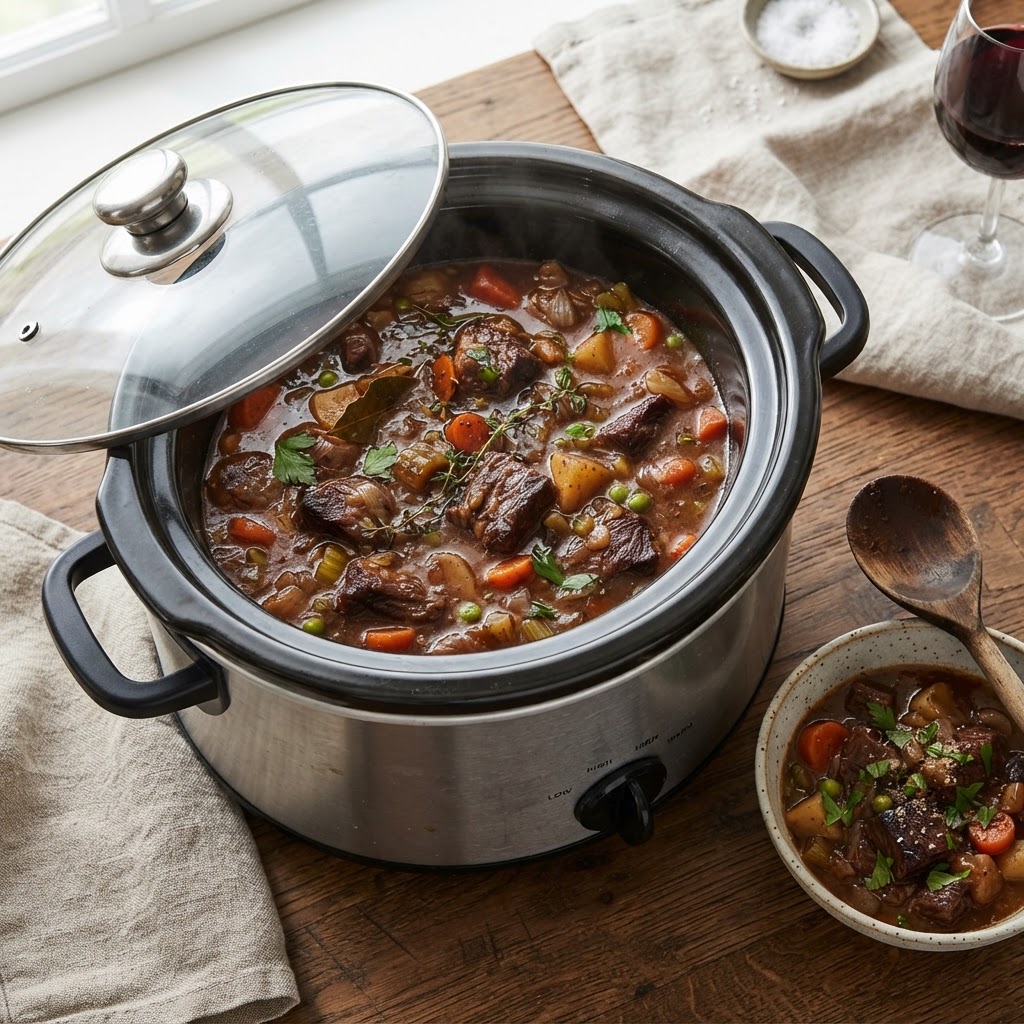 The interior of a slow cooker filled with hearty stew.