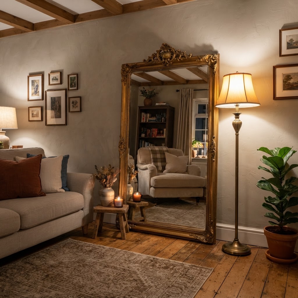 A leaning floor mirror adds depth and height without damaging your walls.