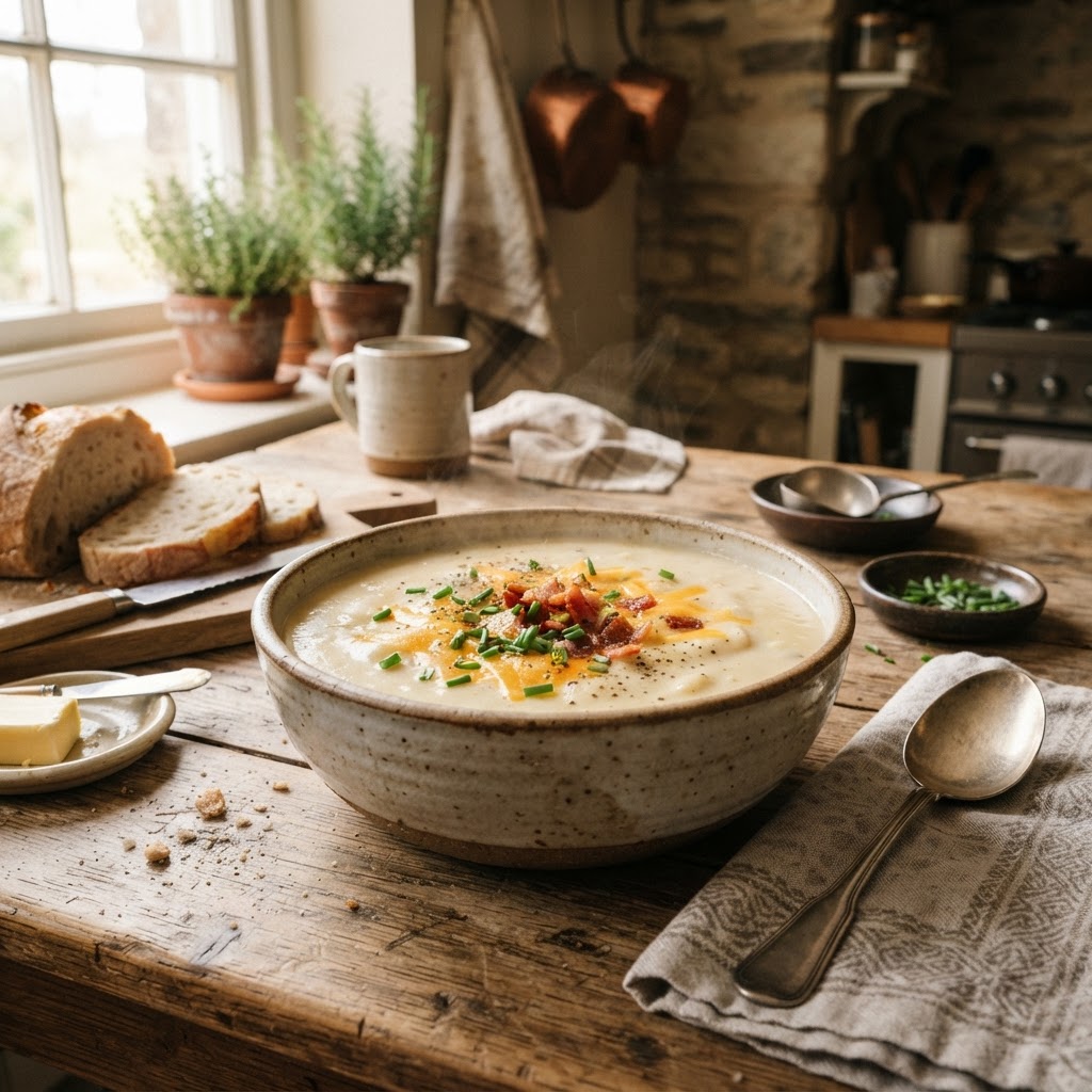 A bowl of creamy slow cooker potato soup, ready to serve.