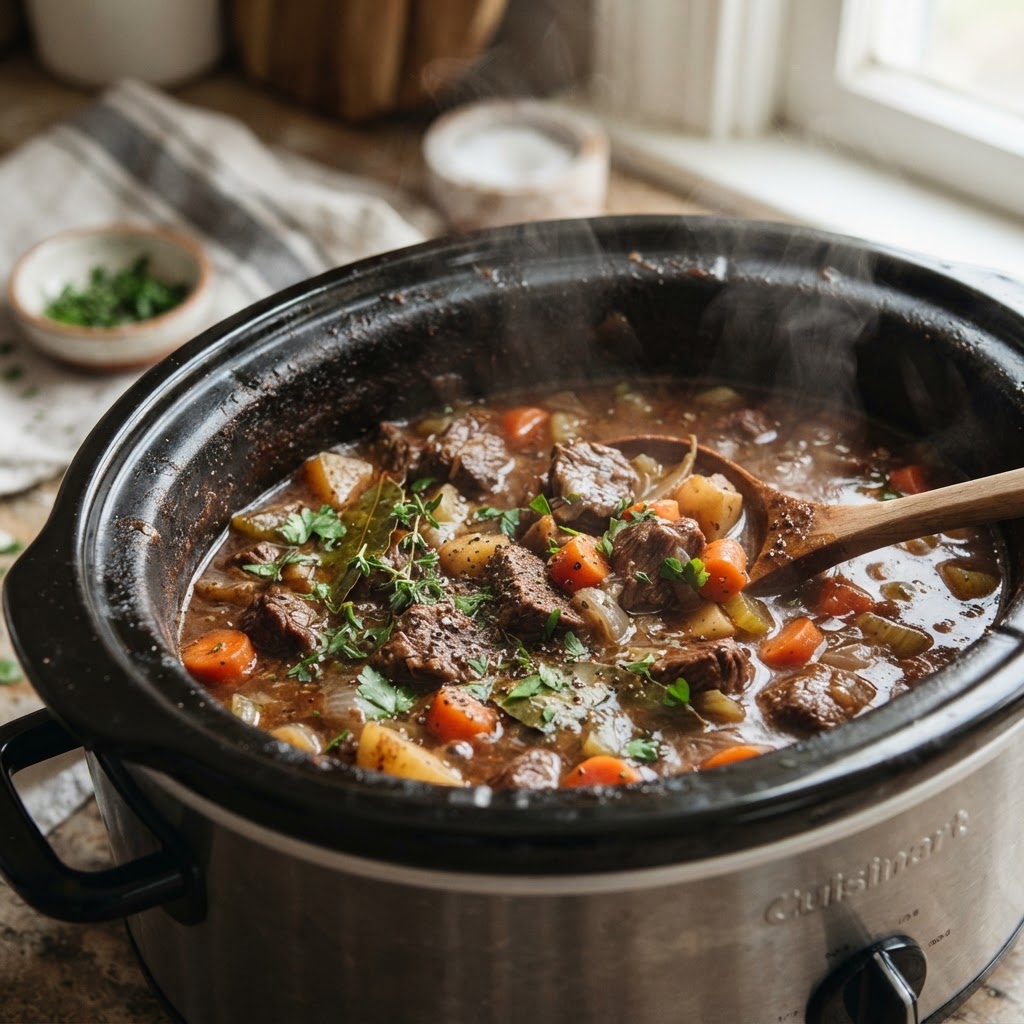 Tender, slow-cooked beef and vibrant vegetables in a savory gravy.