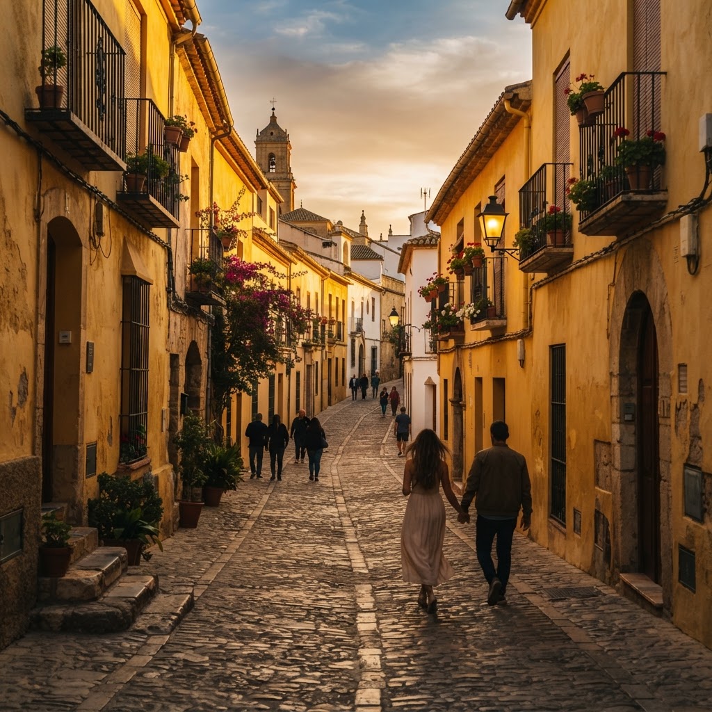 The golden hour provides the perfect backdrop for the traditional Spanish paseo.