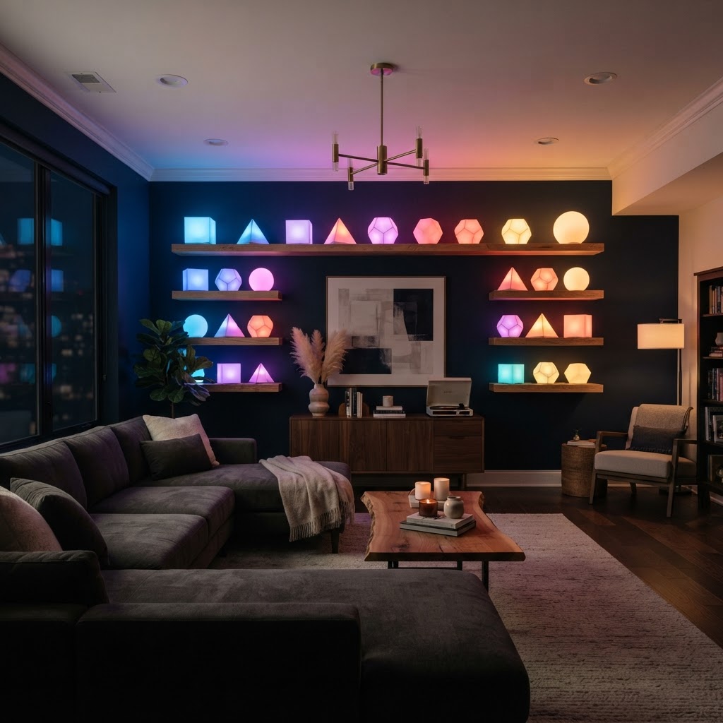 Floating shelves lit by geometric lamps transform dark walls into a vibrant living feature.