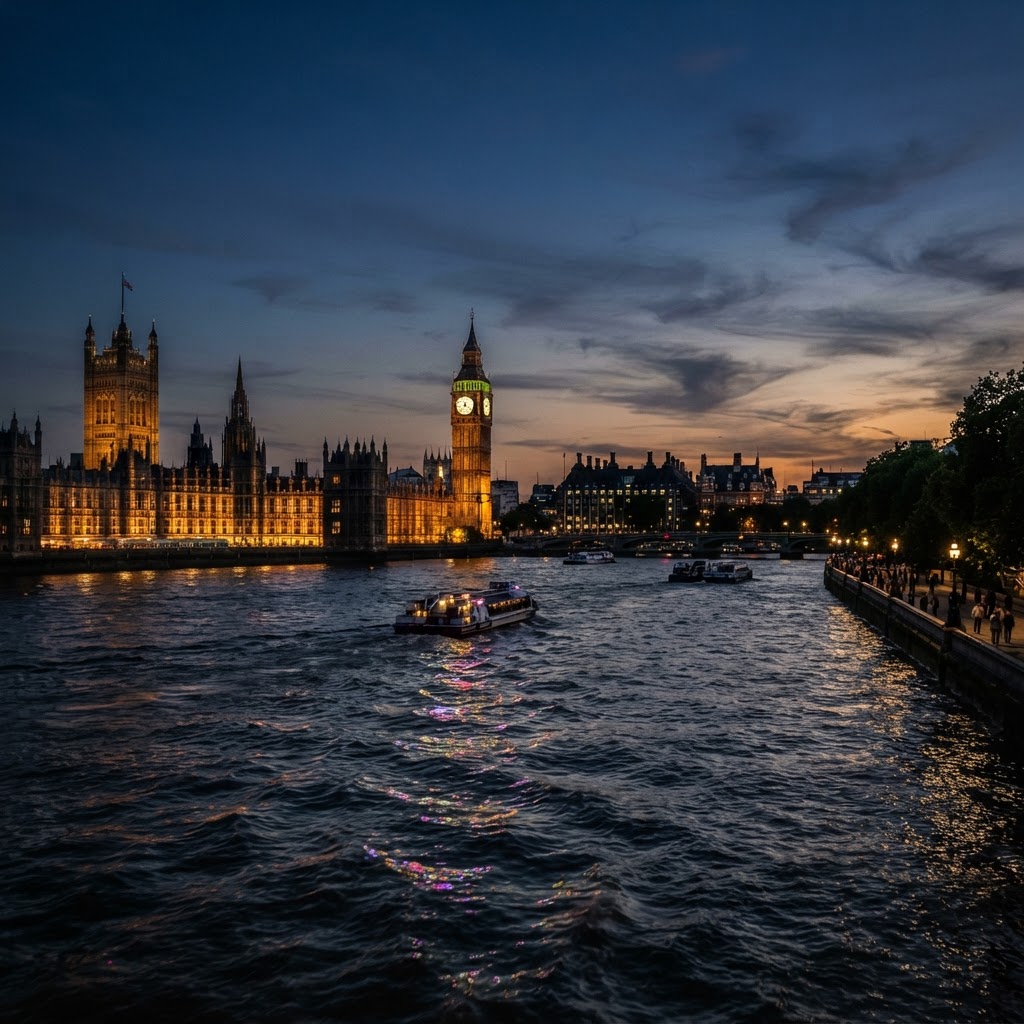The cinematic silhouette of Westminster at dusk.