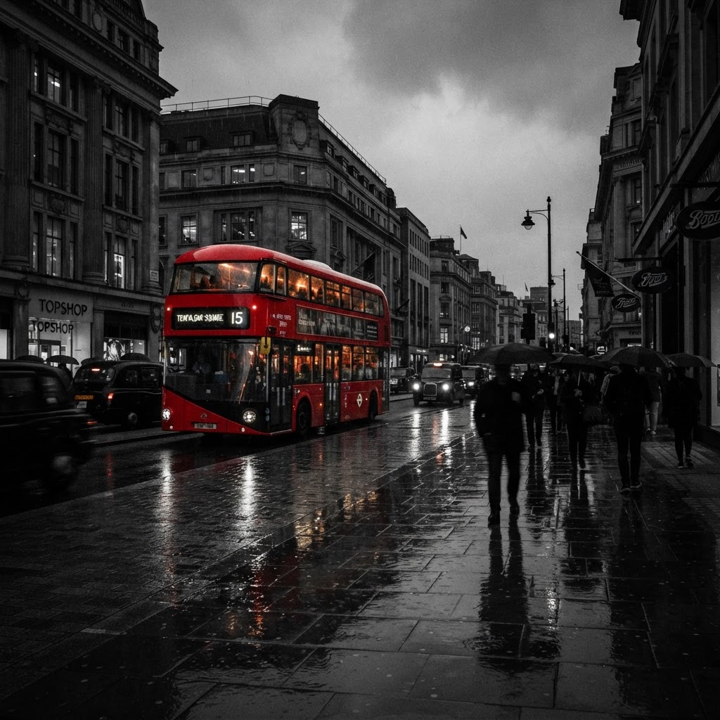 The iconic red bus creates a stunning visual anchor.