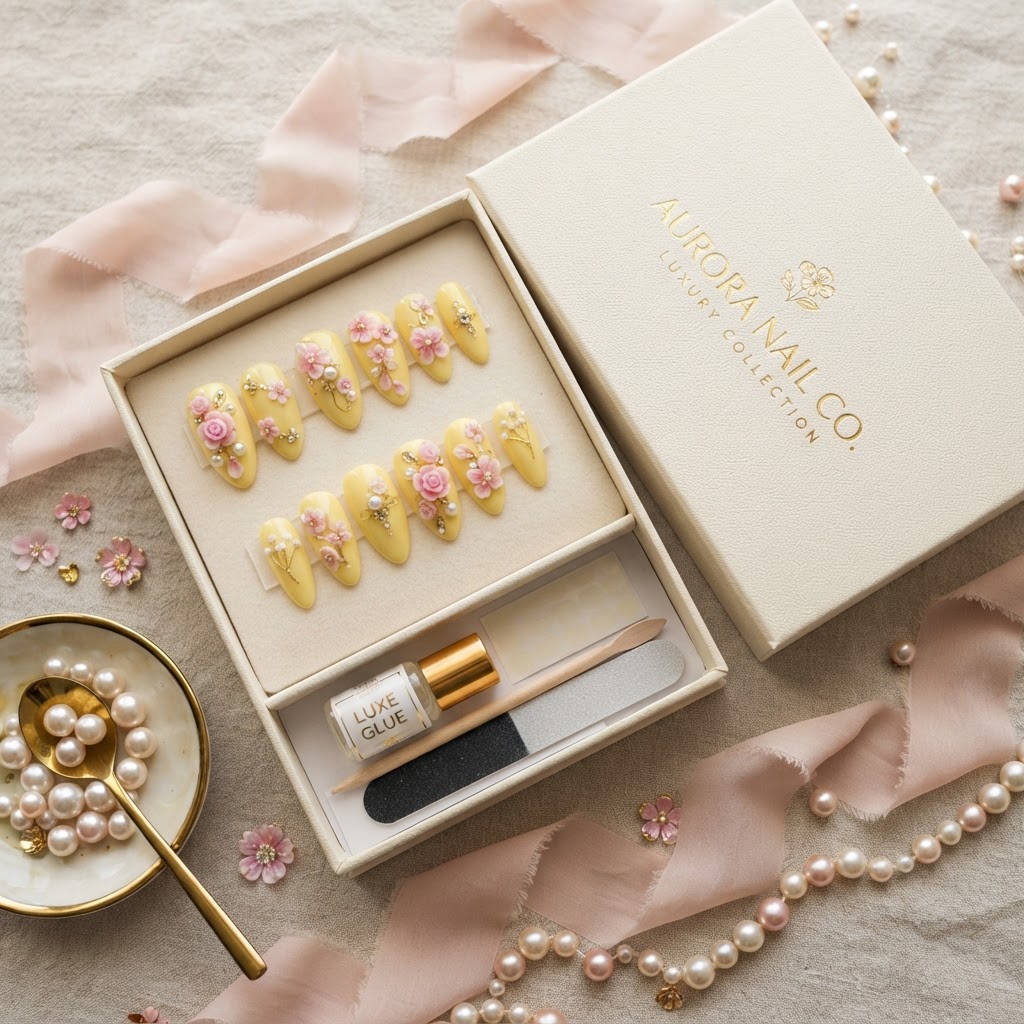 Premium press-on nail set showcasing the popular 3D flower trend.