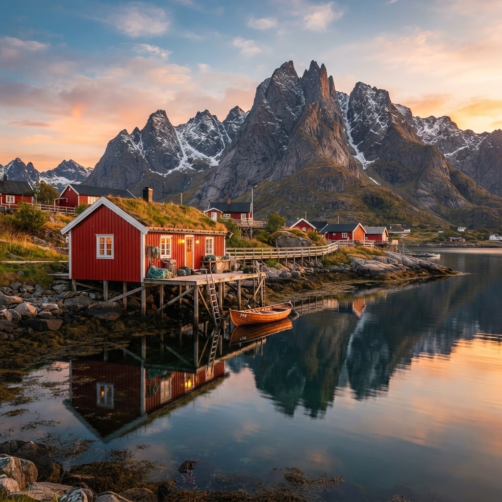 Charming red cabins in the heart of the Lofoten Islands.