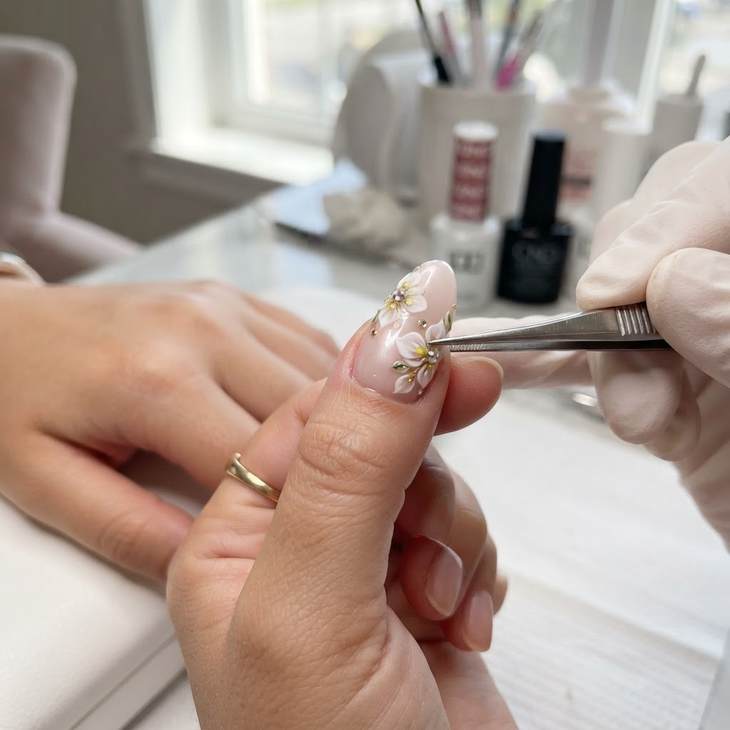 Achieving a professional salon fit with custom 3D floral nails.