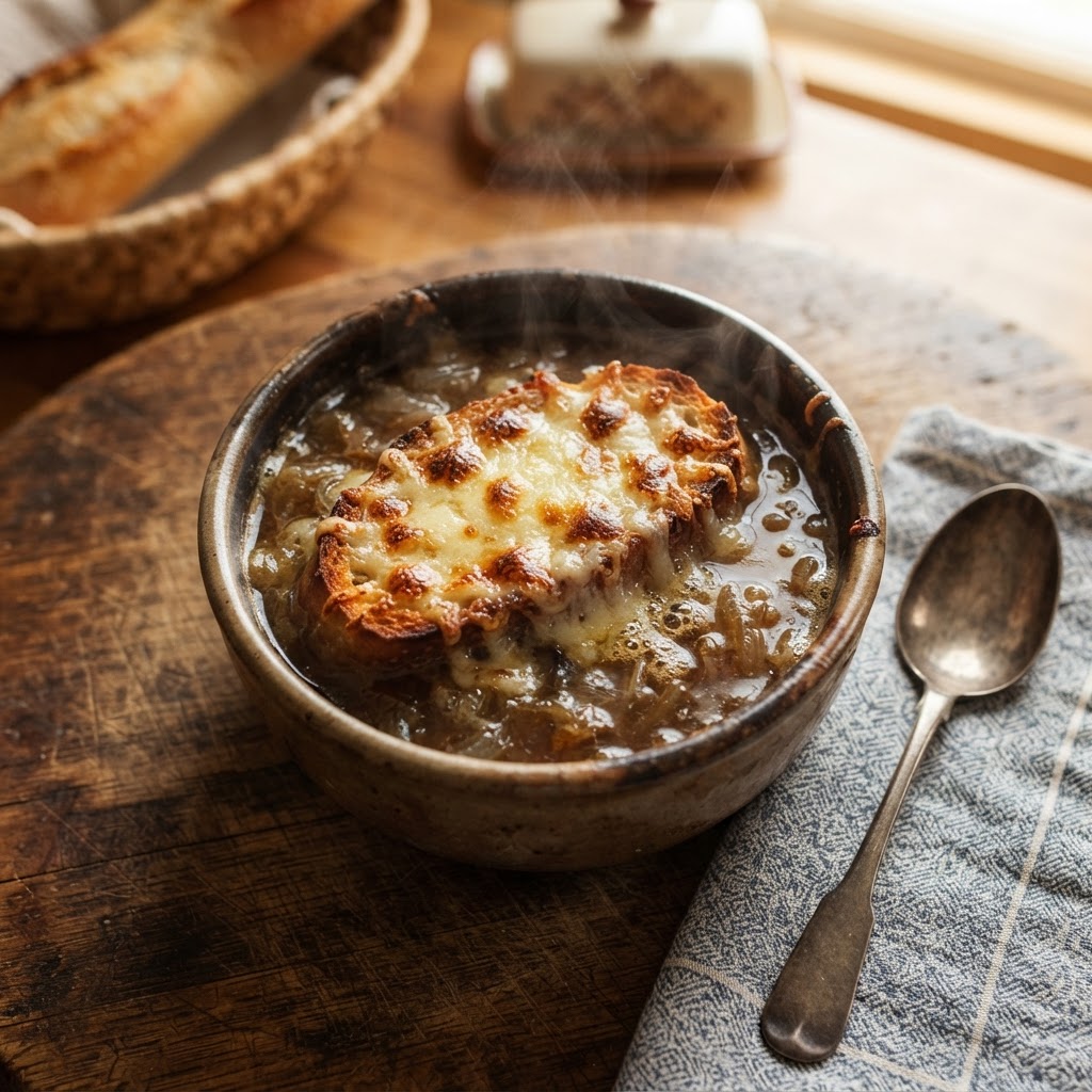A classic French onion soup bowl with melted cheese crust.