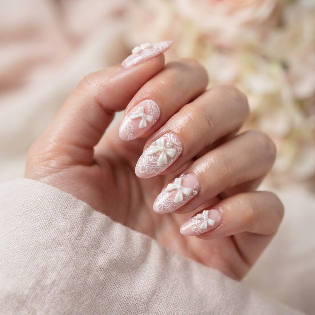 Delicate ribbon and lace press-on nails for a balletcore look.