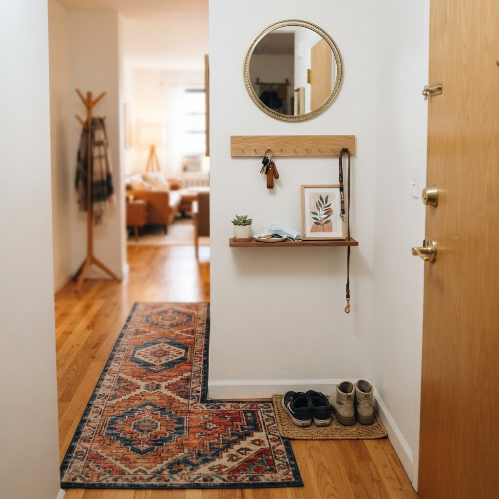 Create an inviting entryway zone using renter-friendly hooks and mirrors.
