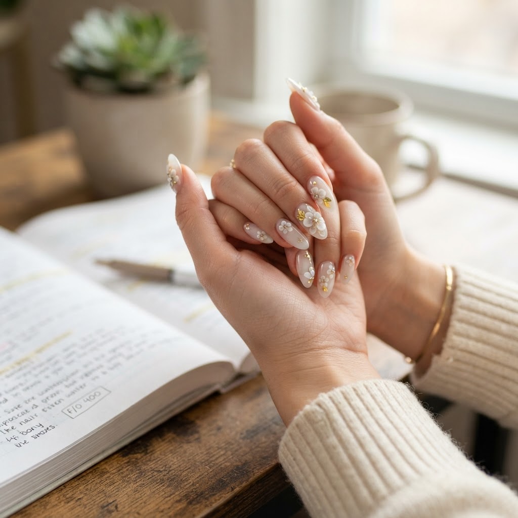 A beautiful, elegant close-up of almond-shaped nails with delicate floral art.