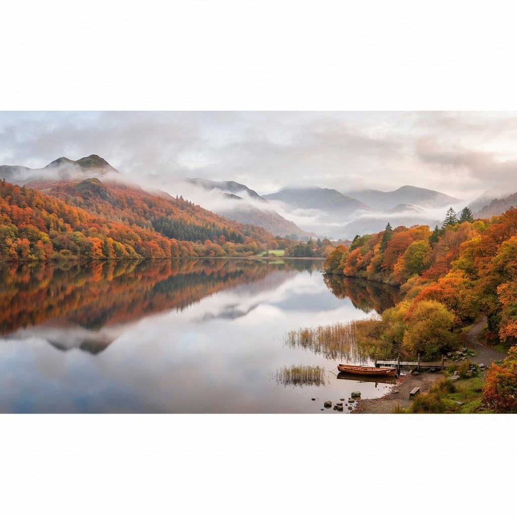 English Countryside in Fall: Best Places for Golden Leaves 5 The reflection of autumn trees on the calm waters of the Lake District is breathtaking.