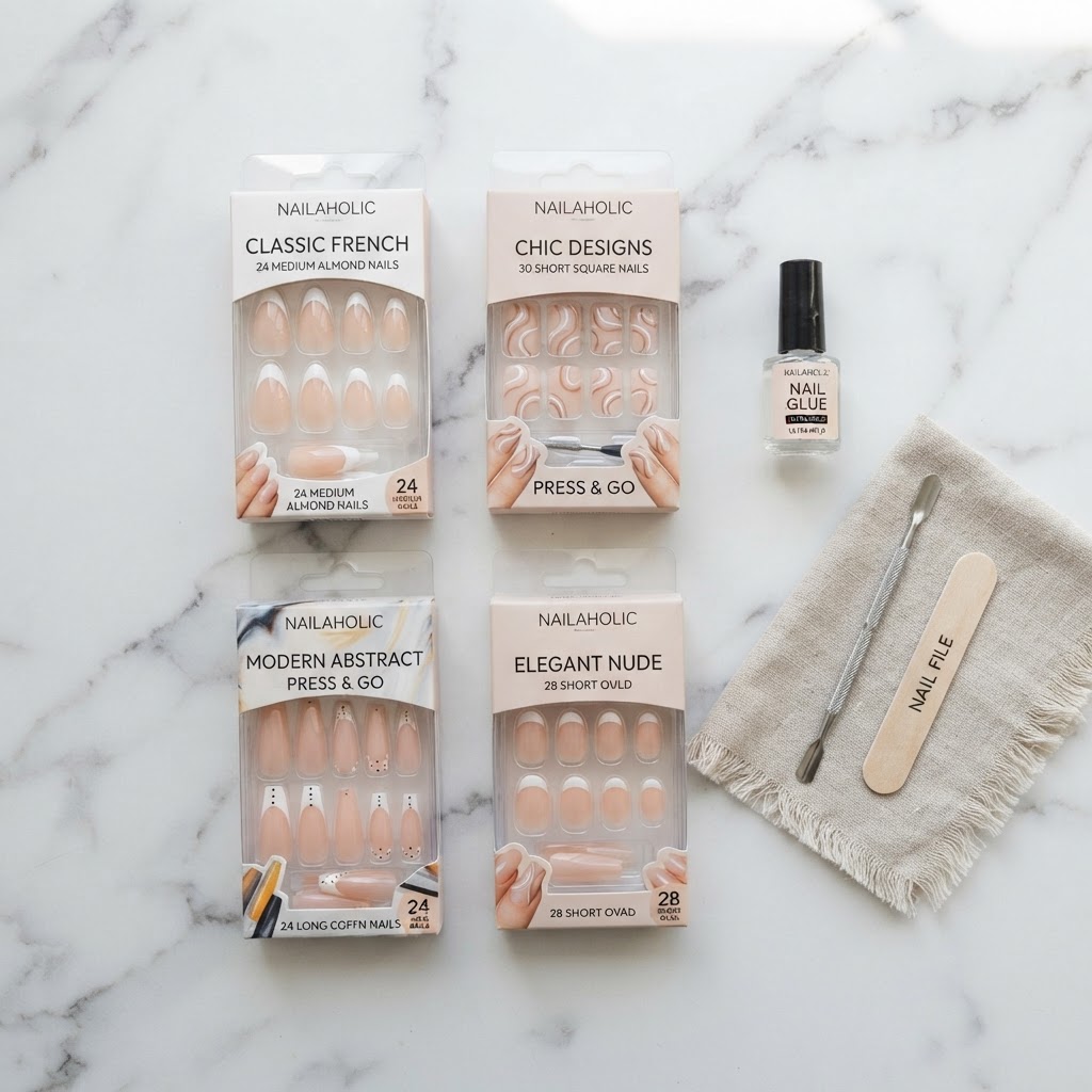 Essential tools and styles for a complete at-home press-on nail kit.