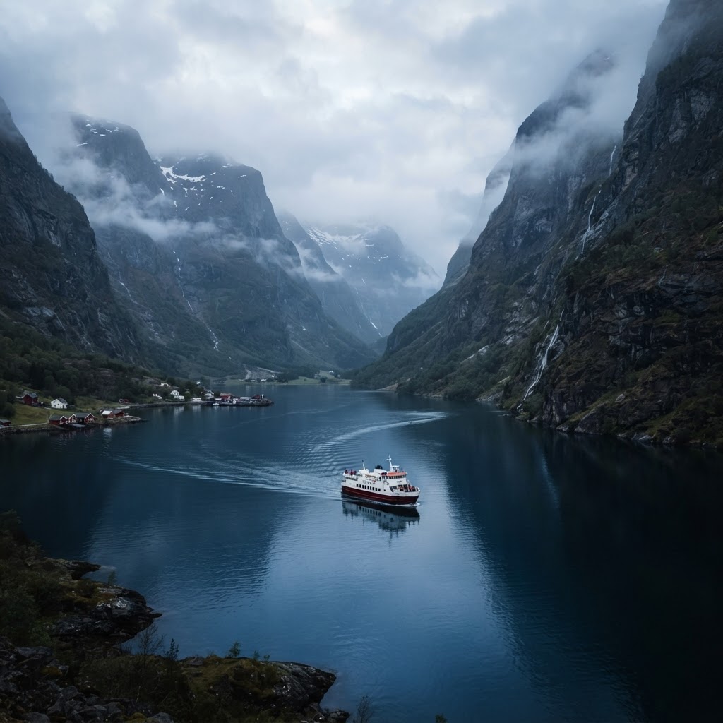 The serene majesty of a Norwegian fjord at dawn.