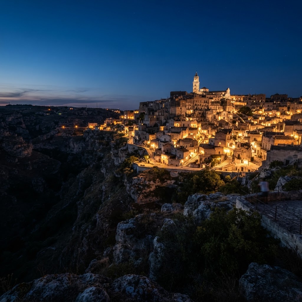 Matera at Night: Experience the Ancient Magic 2 The breathtaking nocturnal panorama of Matera's Sassi.