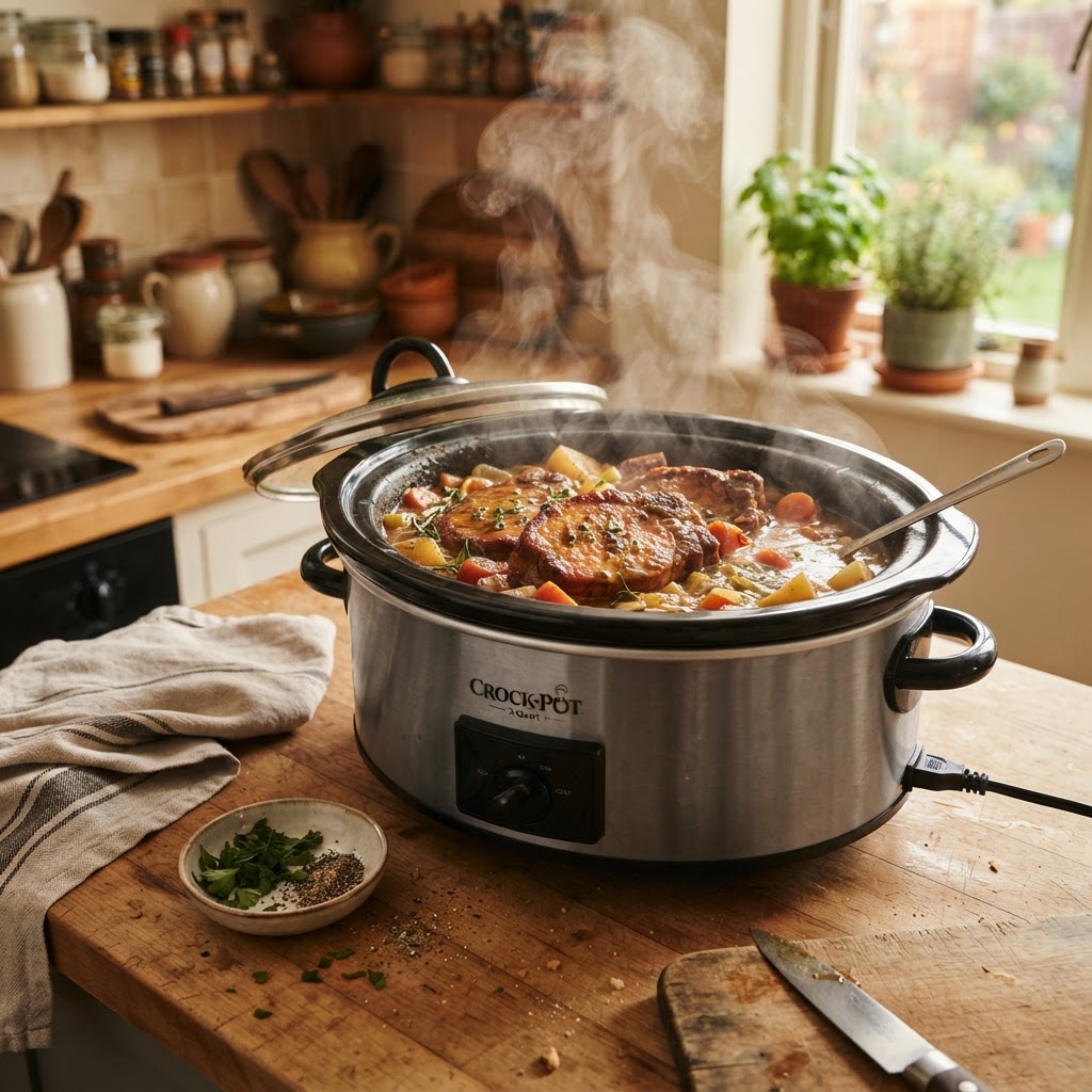 The slow cooking process produces tender, flavorful pork chops.