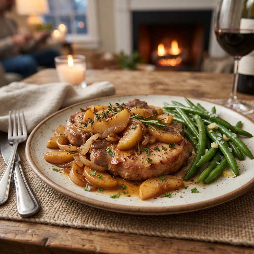 A hearty serving of slow cooker pork chops paired with caramelized apples and onions.