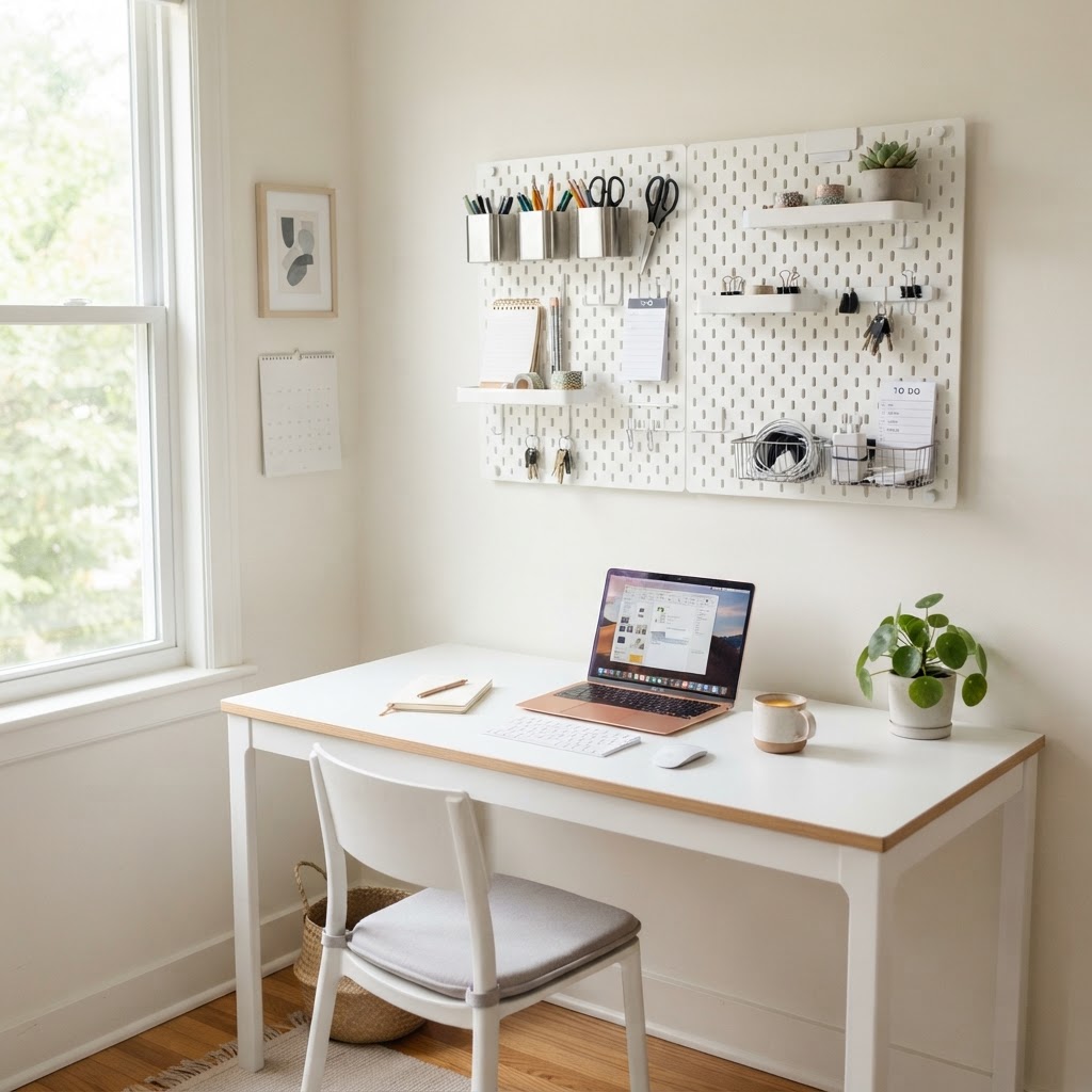 Pegboards and magnetic strips provide versatile storage in home offices.