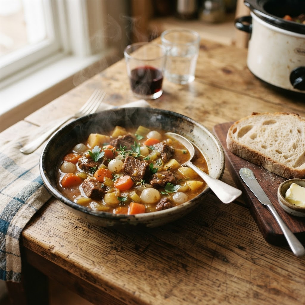 A hearty, homemade beef stew served in a rustic bowl.