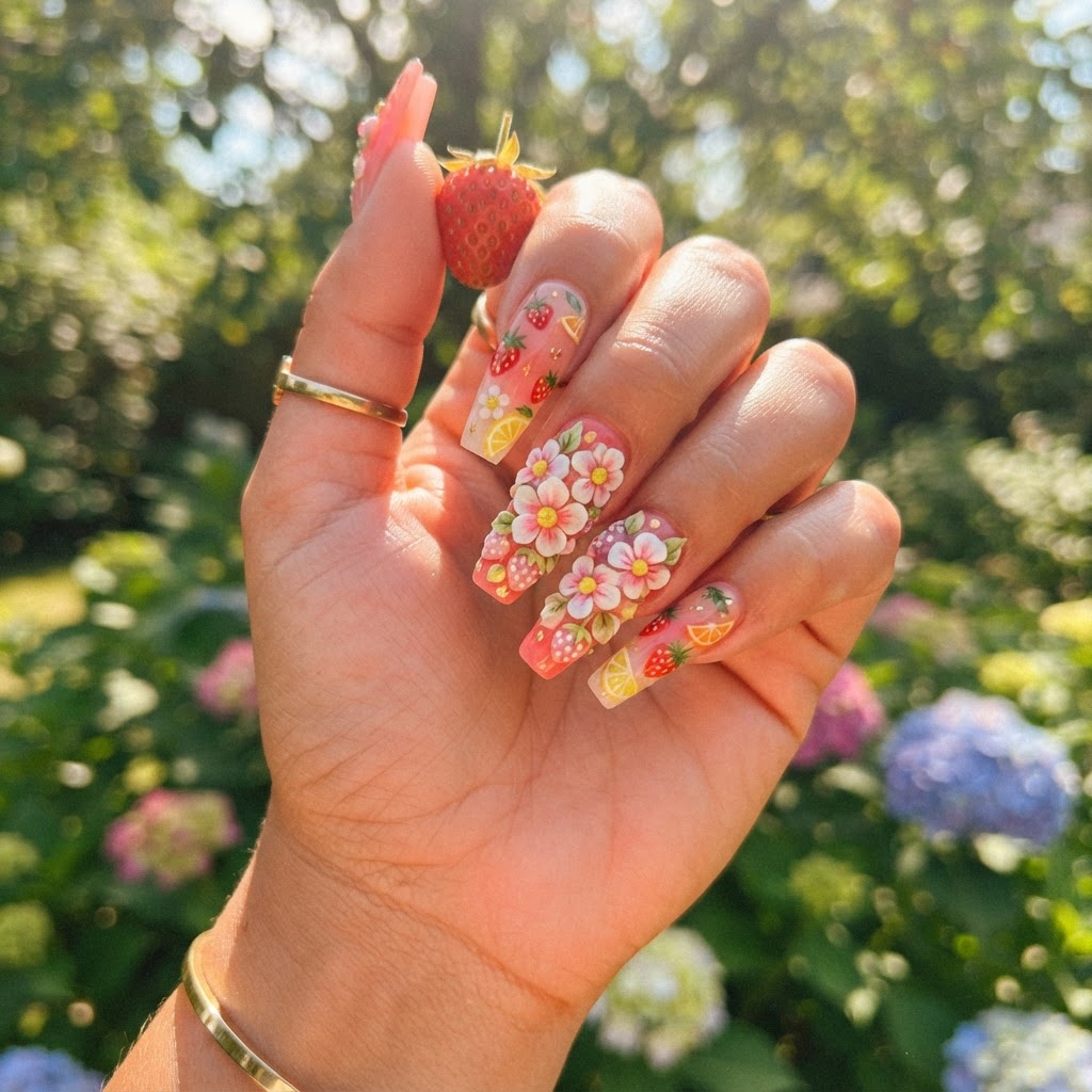 Detailed 3D floral accents on summer-inspired strawberry nails.