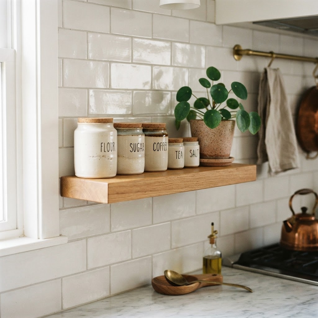 Vertical storage via open shelves is a key way to maximize space.
