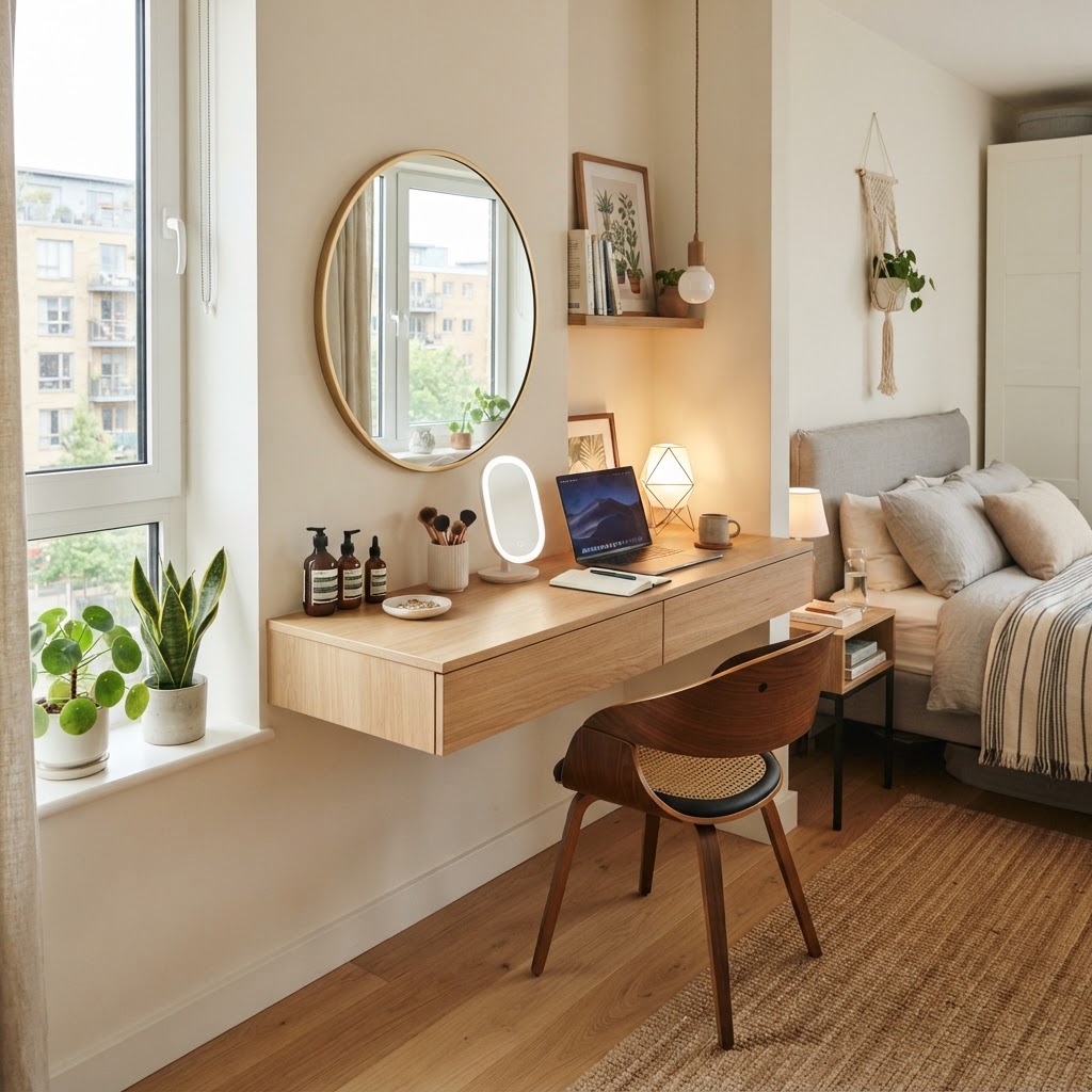 Wall-mounted furniture keeps your floor space clear and functional.