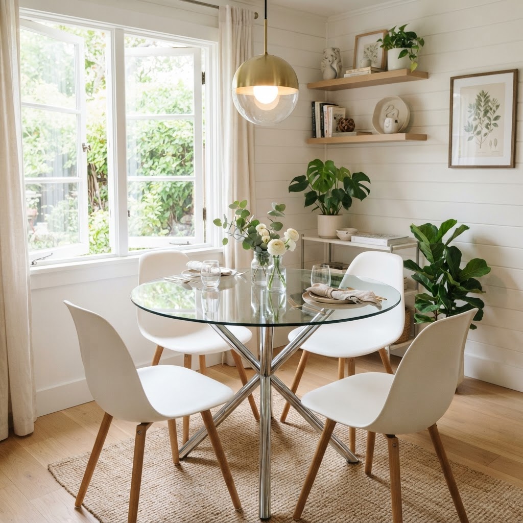 Glass tables and pendant lights help reflect light and open up tight corners.