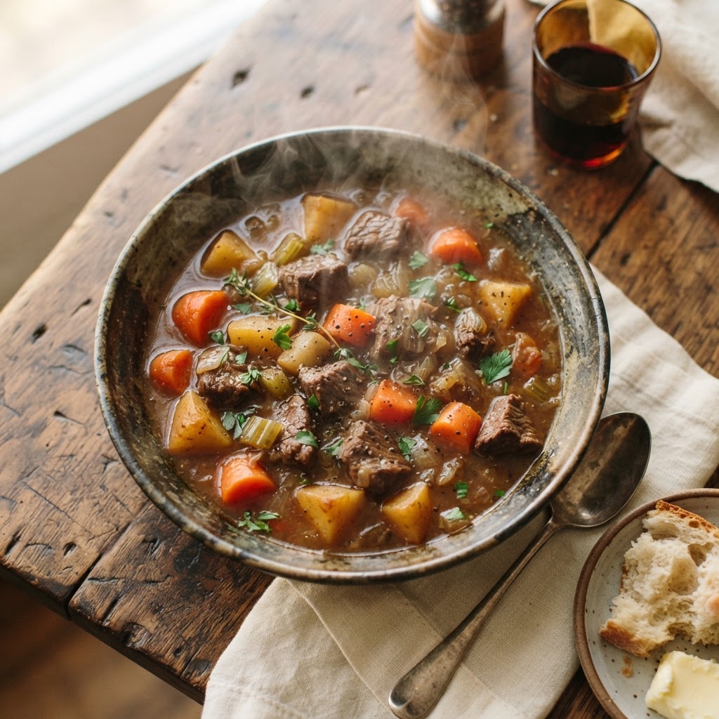 A perfectly cooked bowl of slow cooker beef stew ready to serve.