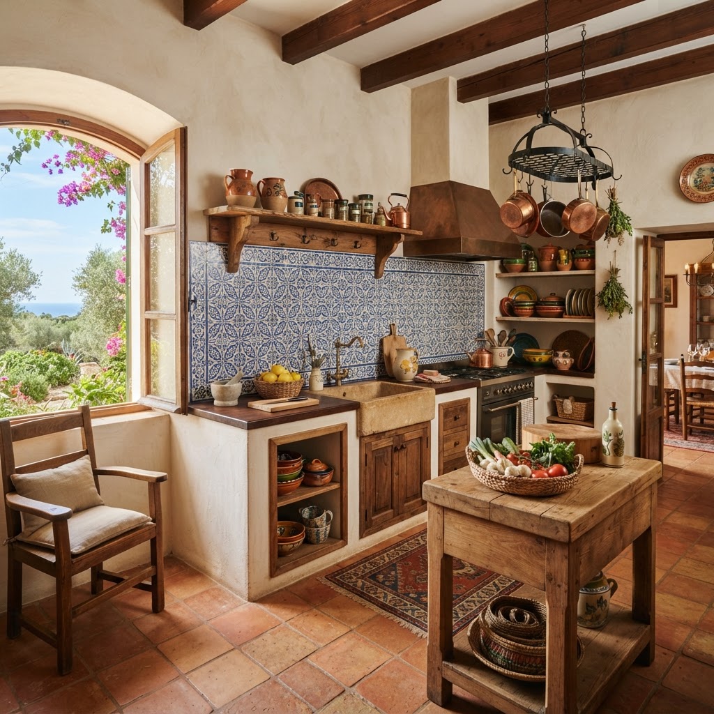 Vibrant blue and white Spanish tiles bring a classic Mediterranean feel to a modern kitchen.
