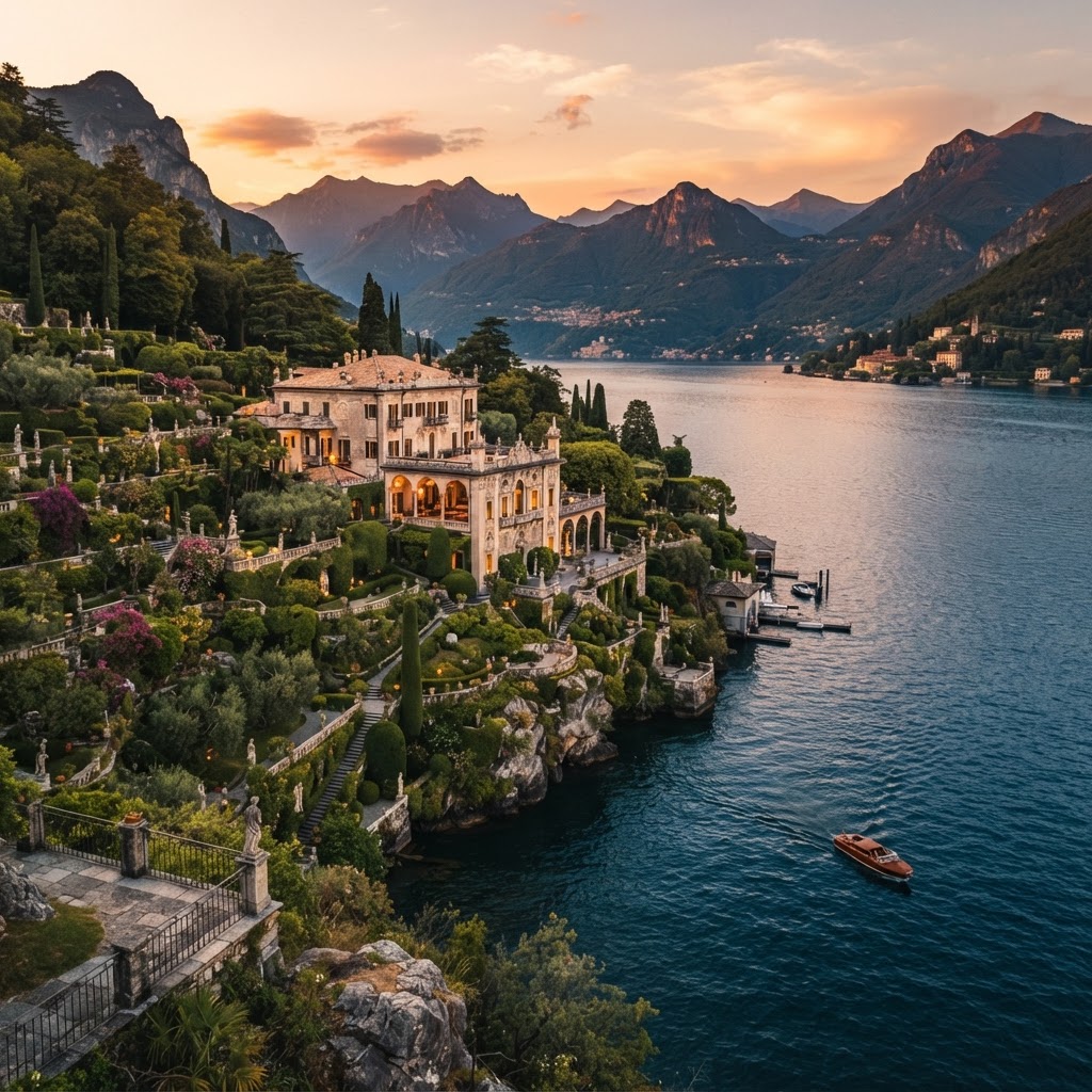 The golden light of dusk illuminates the grand architecture of a historic Lake Como estate.