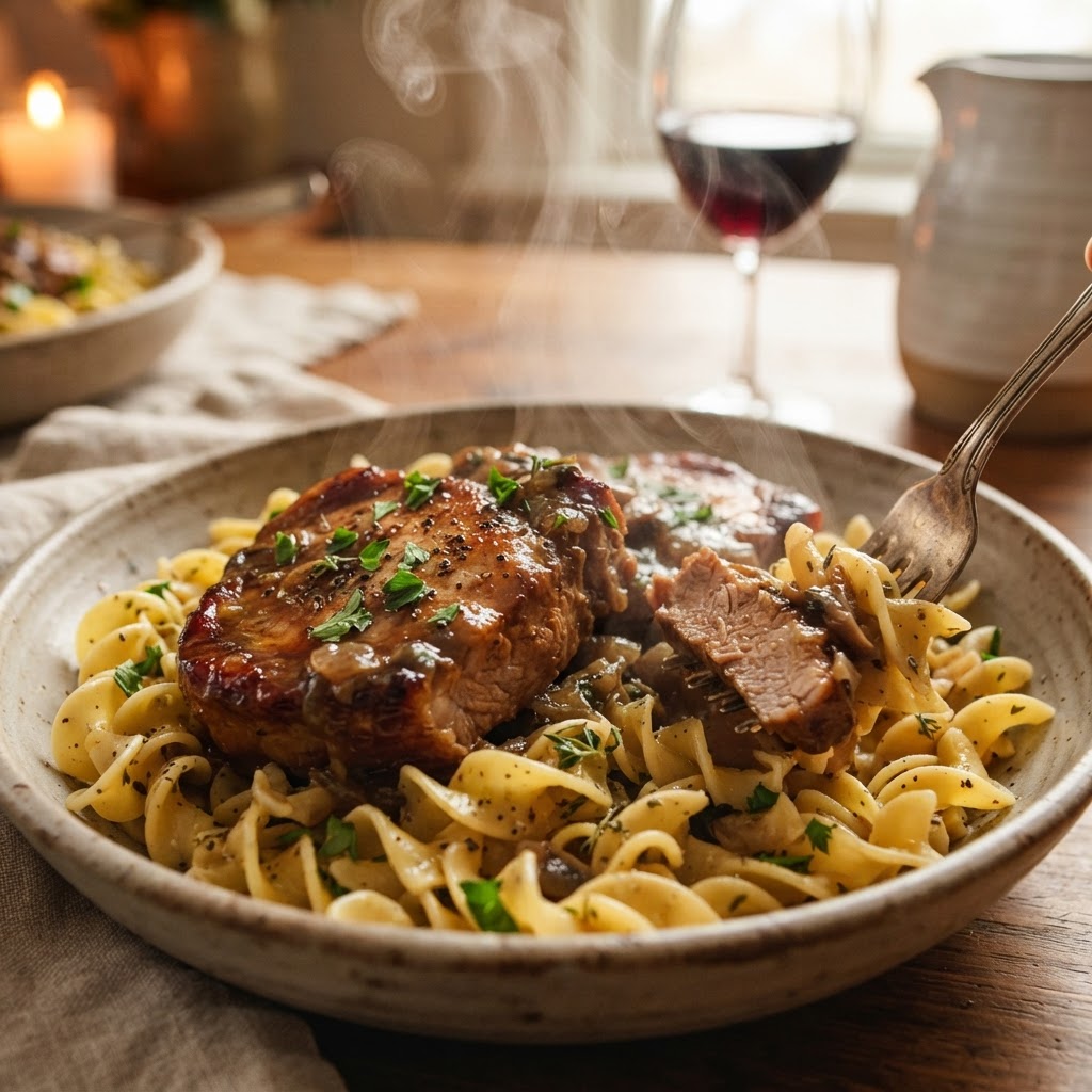Serving slow cooker pork chops over warm egg noodles.