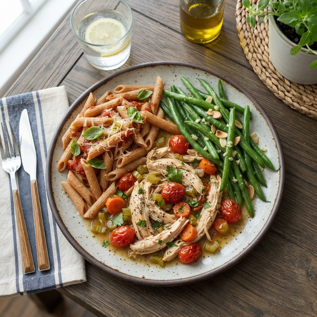The perfect slow cooker chicken dinner served with fresh greens.