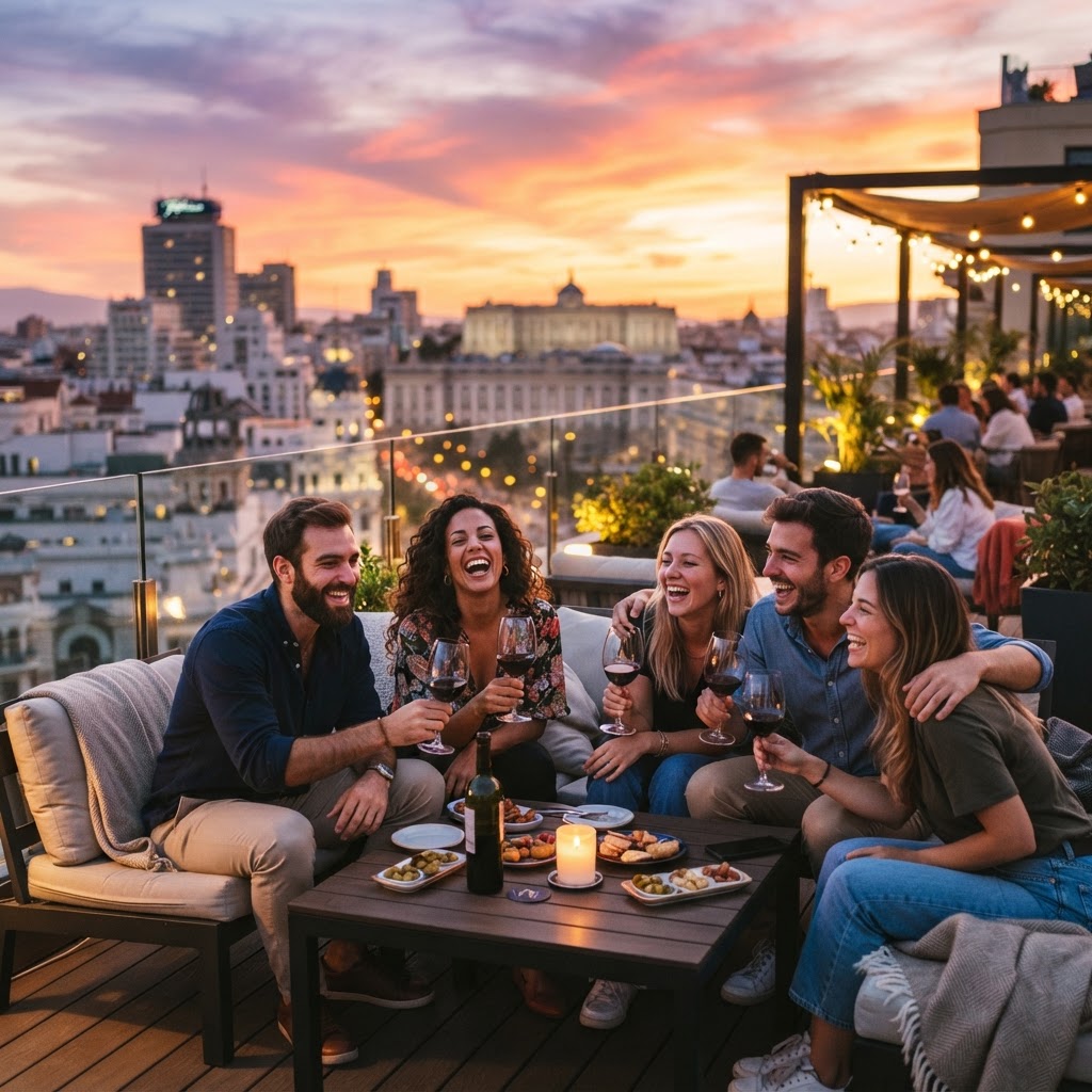 Rooftop terraces provide the perfect vantage point to soak in the Madrid sunset.