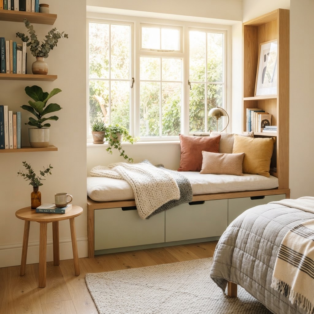 Window seats provide both a cozy reading nook and hidden storage space.