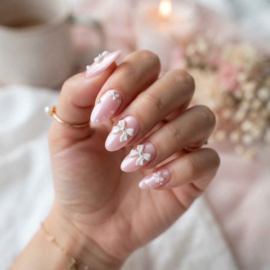 Elegant soft pink almond nails with coquette bow details.