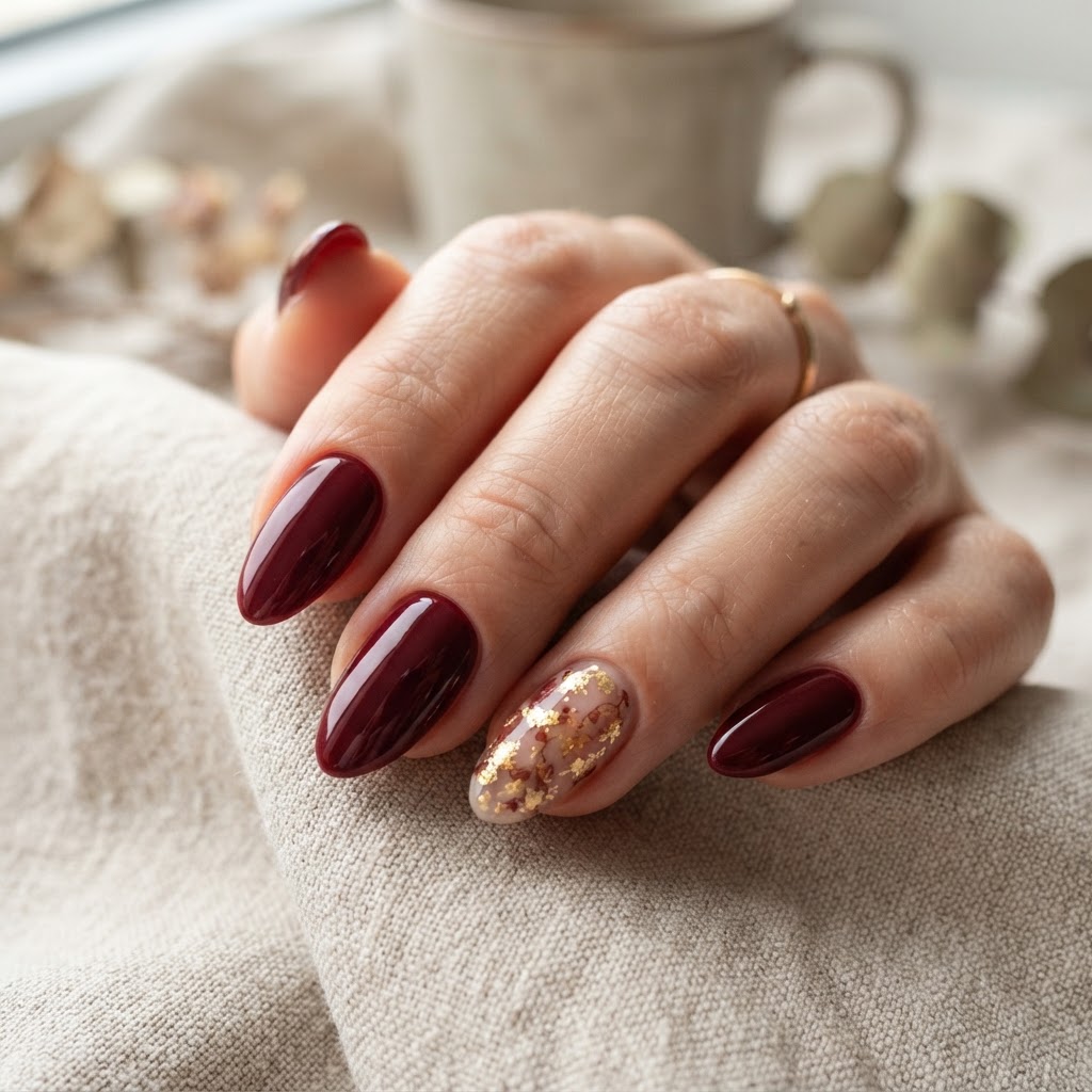 Elegant maroon almond nails with gold accent detail.
