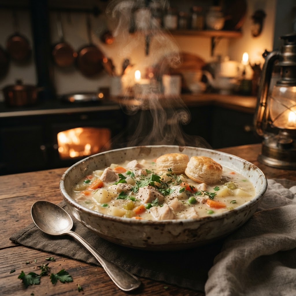 Creamy and comforting chicken pot pie soup in a rustic bowl.