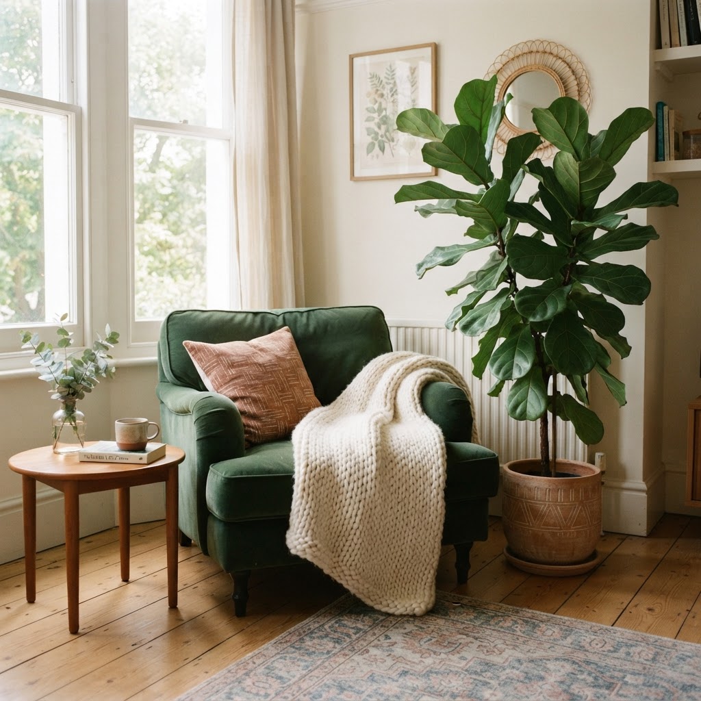 Plants bring life and organic shape to a neutral rental space.