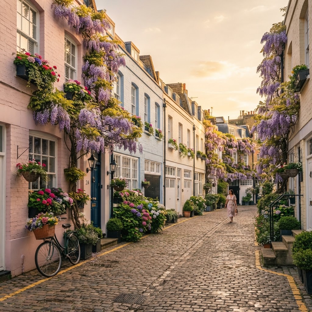 Hidden Mews and Quiet Streets: Discovering London’s Aesthetic 2 The iconic, flower-filled charm of a hidden London mews.