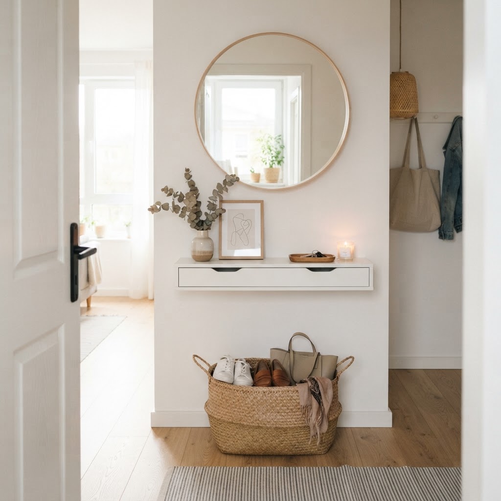 A slim console and mirror open up this small entryway.