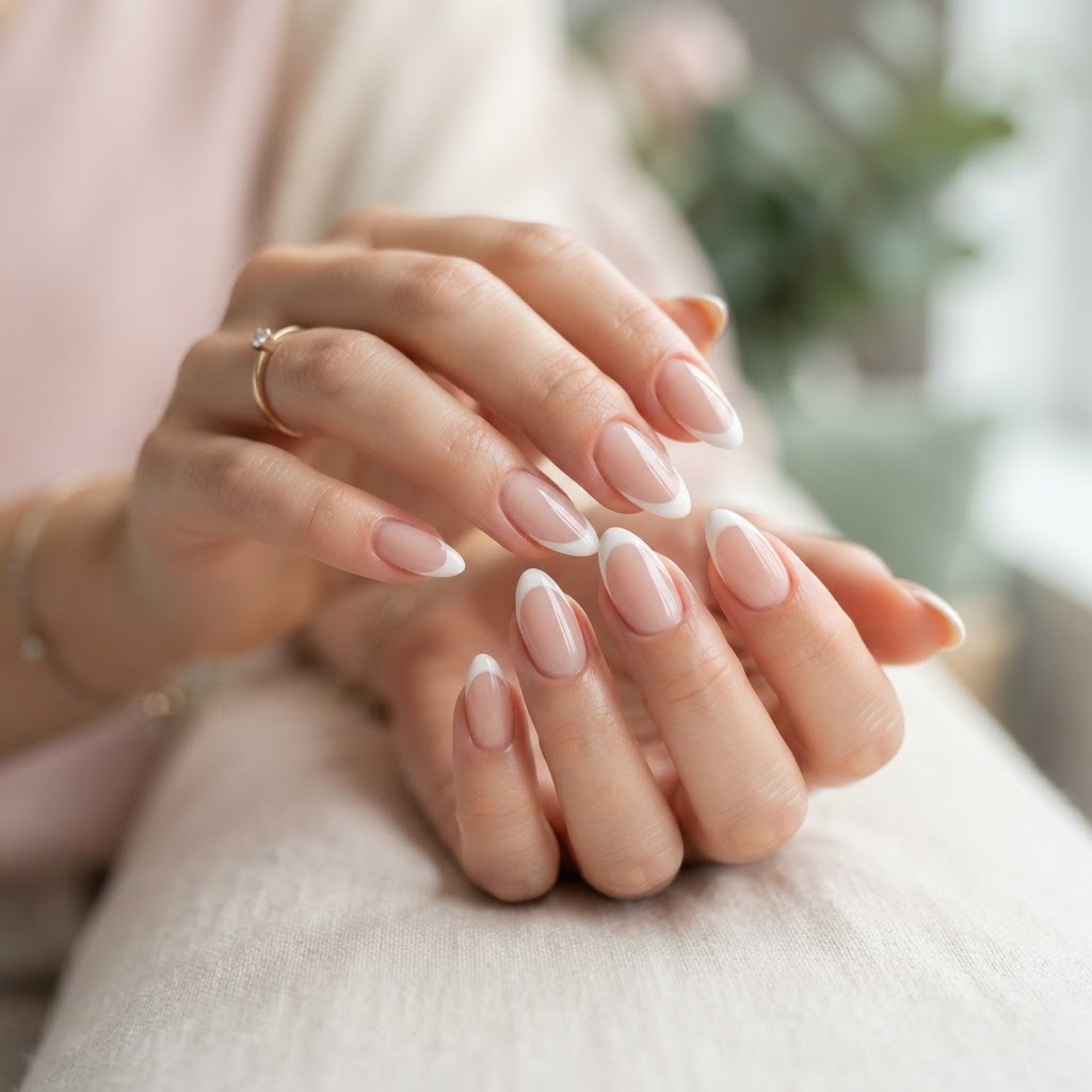 Achieve a seamless, high-end look with almond-shaped french tips.