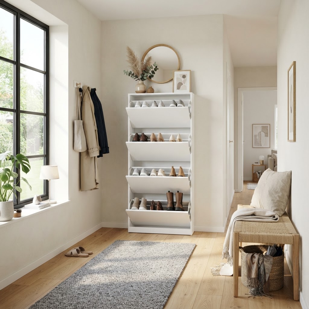 Slim wall-mounted cabinets offer a sleek way to hide shoes in narrow hallways.