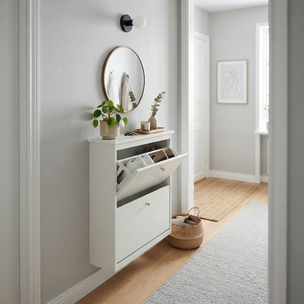 A slim tilt-out cabinet provides a sleek solution for narrow corridors.
