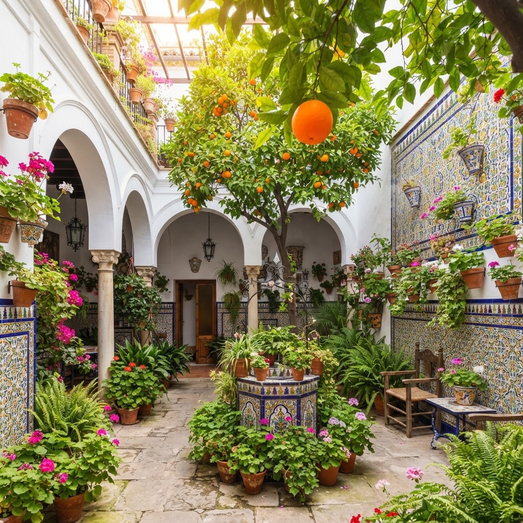 Seville Oranges & Tiles: Spanish Home Style 5 Authentic Andalusian charm captured in a courtyard setting with vibrant tiles and citrus.